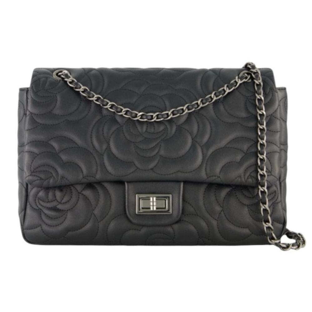 Black Quilted Camelia Floral Chain Shoulder Crossbody Bag